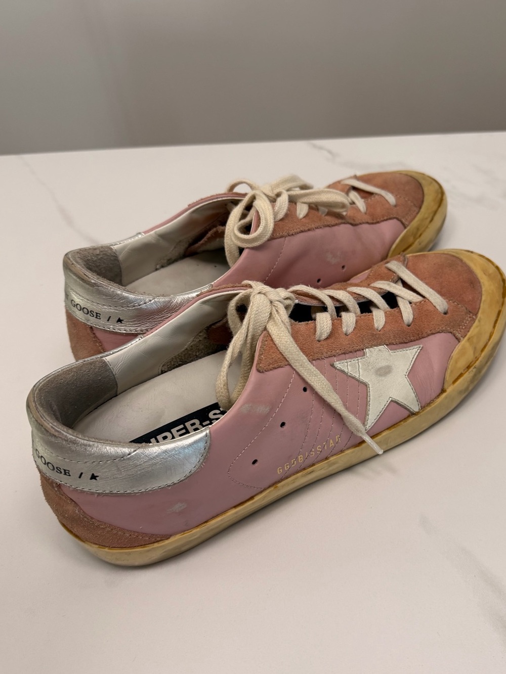Golden Goose Pink, White & Yellow Vintage-Style Super-Star Sneakers